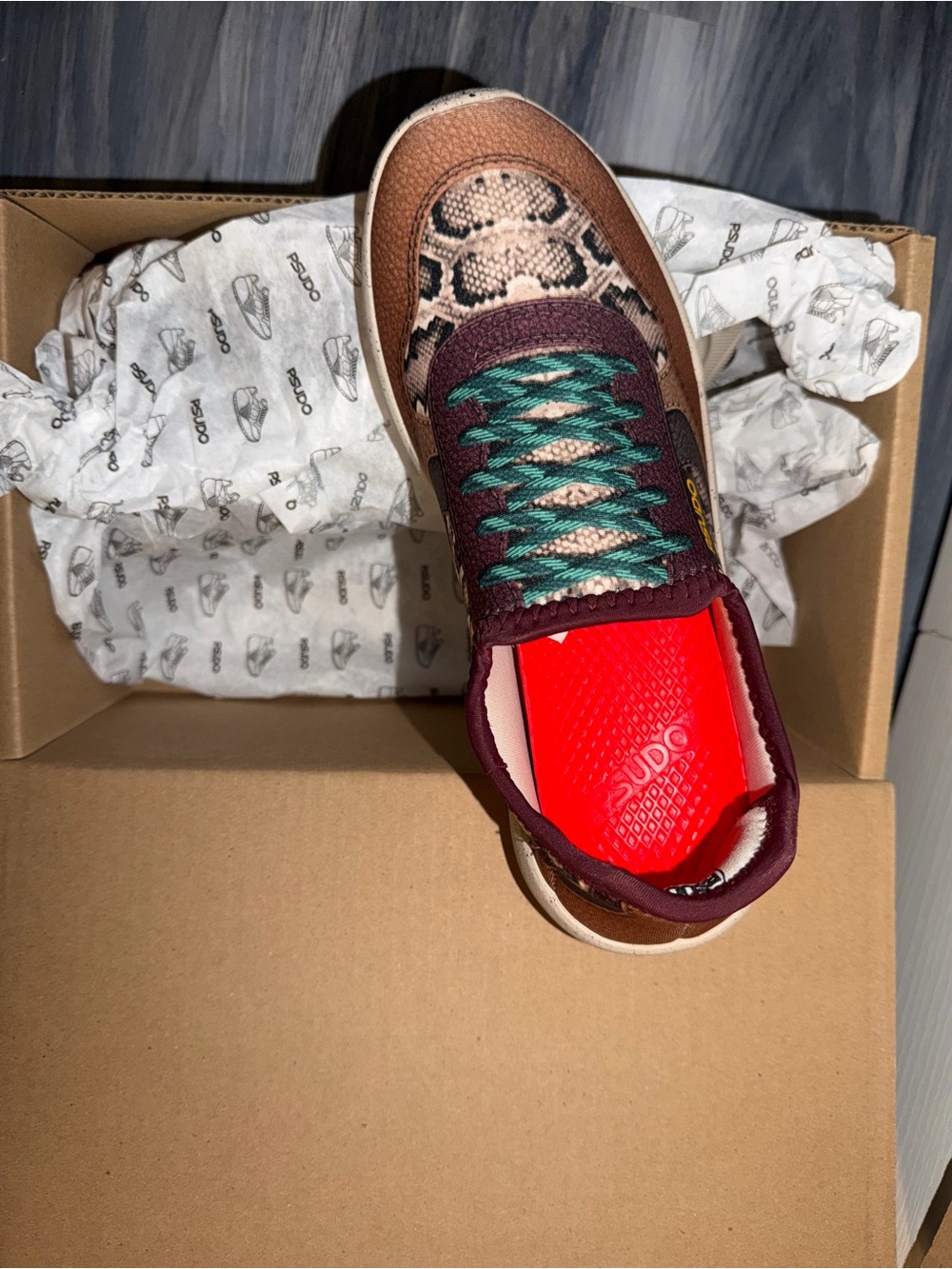 Psudo Women’s Brown Snake-Print Low Top Sneakers with Burgundy and Teal Accents